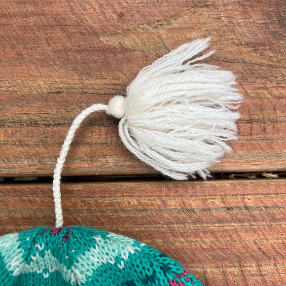 Vintage Fair Isle Wool Beanie USA Made Ski Hat Green Fleece Lined Tassel Knit - Picture 4 of 10